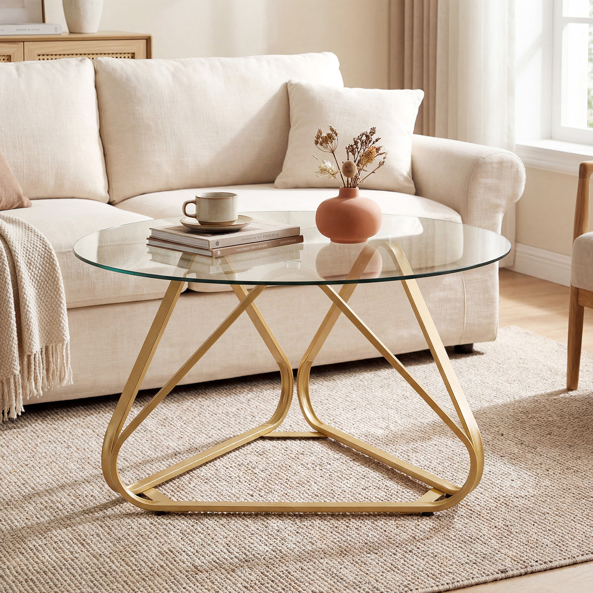 Round Tempered Glass Coffee Table with Triangle Metal Frame for Living Room-Gold