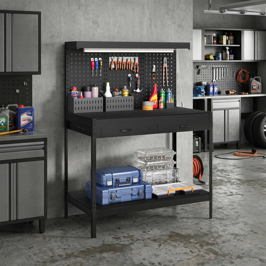 HOMCOM 110 cm Workbench with Pegboard, Heavy Duty Work Table with Power Strip and LED Light, Black