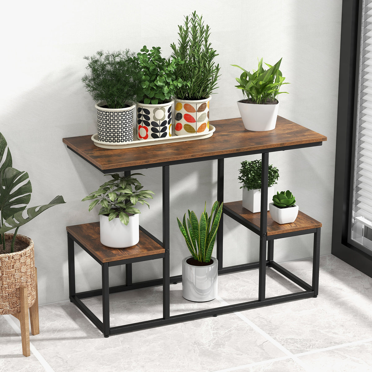 Rustic TV Console Table Industrial Sofa Table with Open Storage Shelves-Rustic Brown