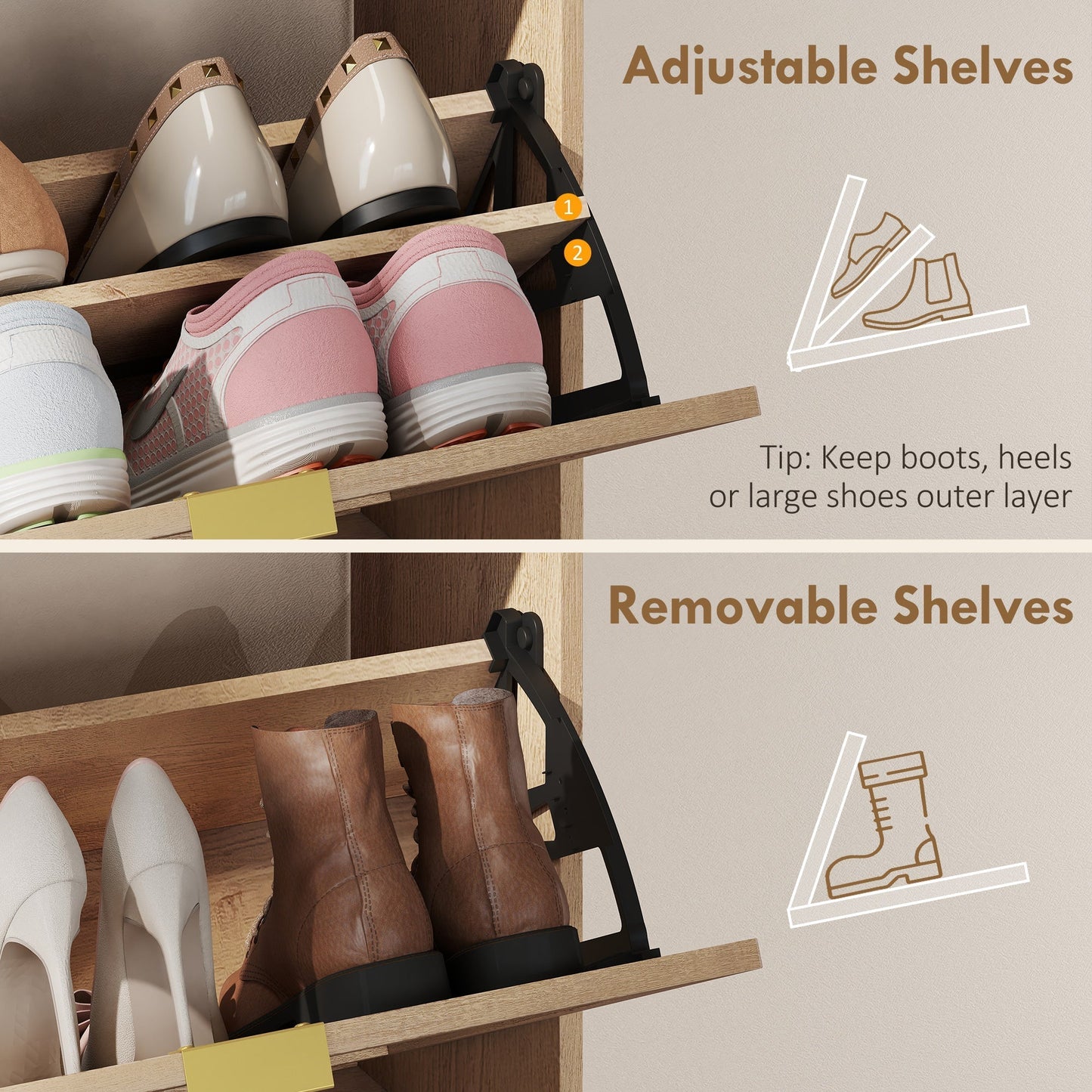 HOMCOM Shoe Cabinet with 2 Flip Drawers, Narrow Shoe Storage Top for Entryway Hallway, Walnut Brown