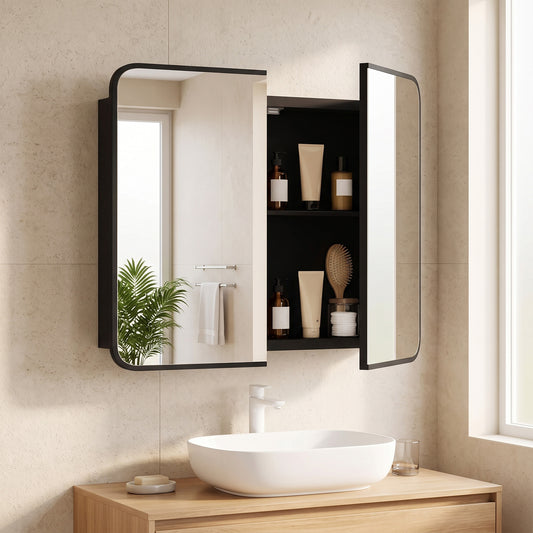 HOMCOM Bathroom Medicine Mirror Cabinet, Bathroom Wall Cabinet with Storage, Magnetic Doors and Adjustable Shelf, Black
