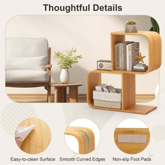 S-Shaped Bookcase Bamboo Bookshelf with 2 Open Cubes Set of 2
