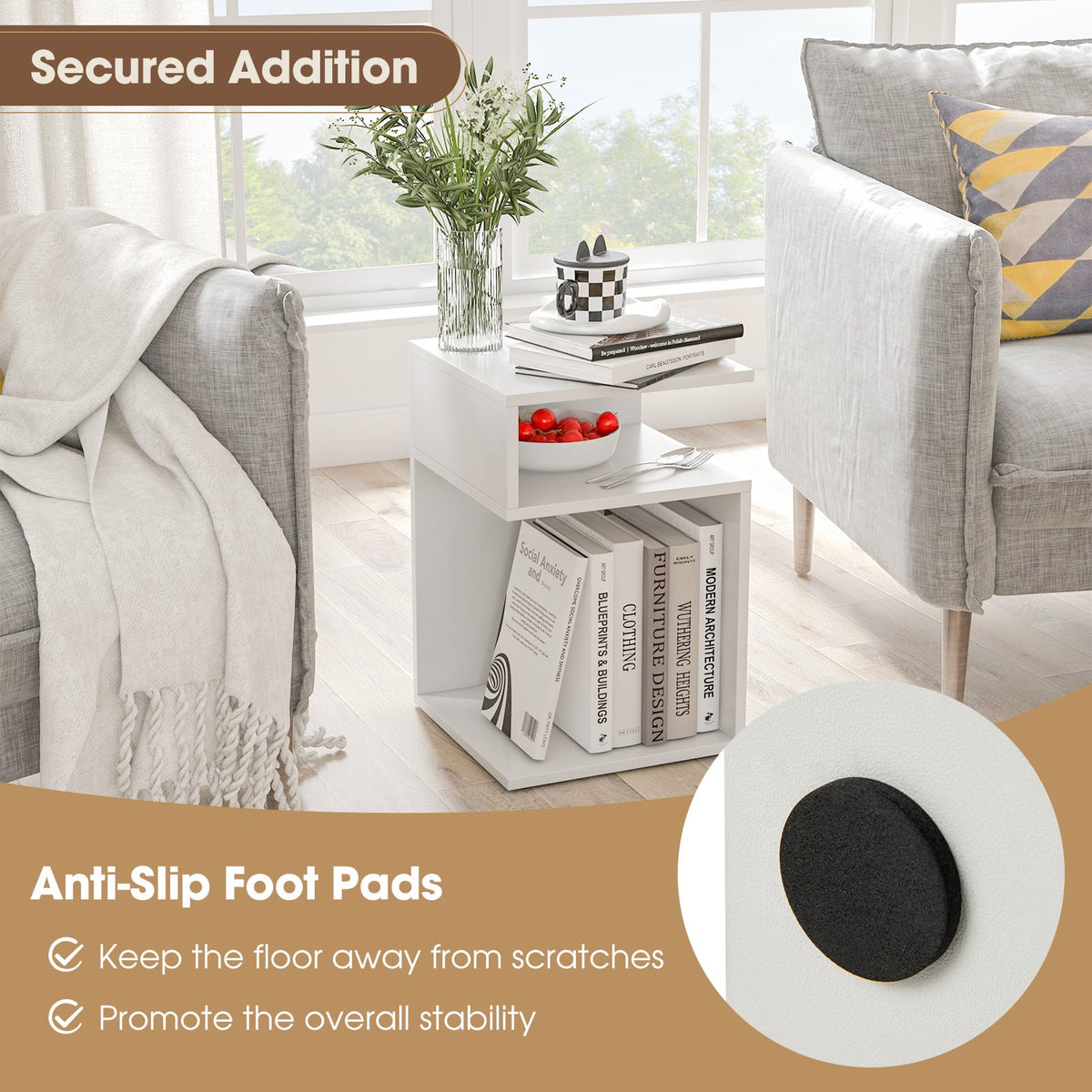 S-Shaped Side Table with 2 Open Compartments for Small Space Set of 2-White