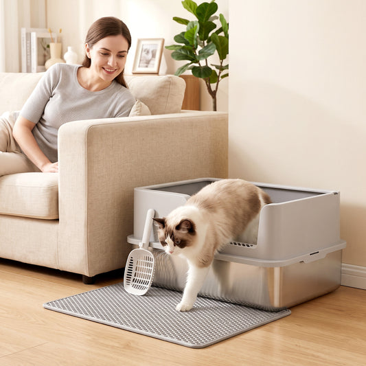 PawHut XL Stainless Steel Cat Litter Tray with Lid in Light Grey