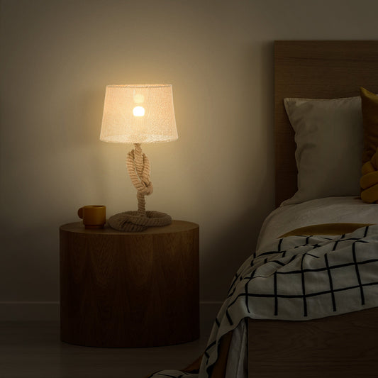 مصباح طاولة بتصميم بحري من HOMCOM مع غطاء قماشي، هيكل معدني ومفتاح تشغيل، مصباح مكتبي منزلي لغرفة النوم وغرفة المعيشة والدراسة، قاعدة E27، بيج، 48 سم