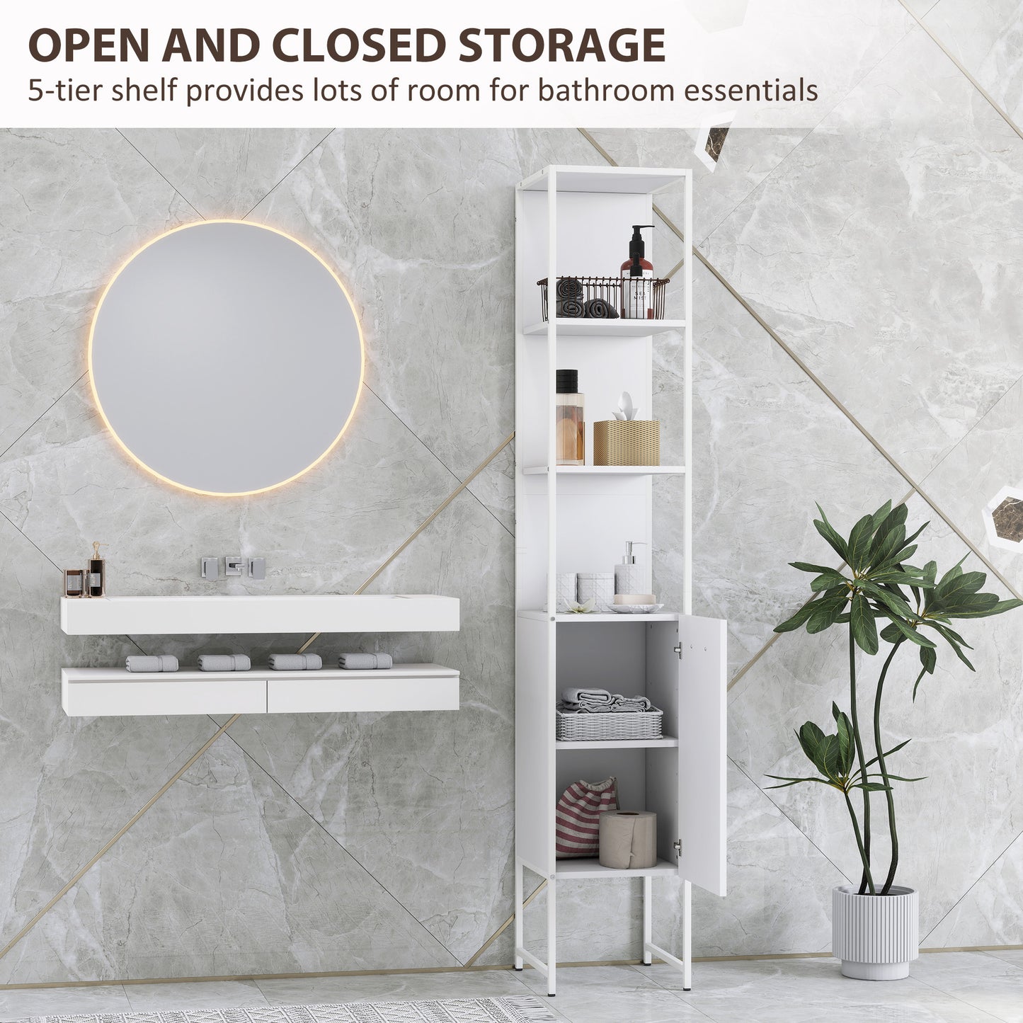 HOMCOM Tall Bathroom Cabinet with Open Shelves and Adjustable Shelf - White