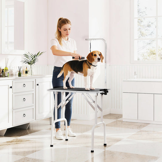PawHut 32" Foldable Dog Grooming Table Pet Drying Beauty Table Adjustable Fixed Arm Rubber Top, Black