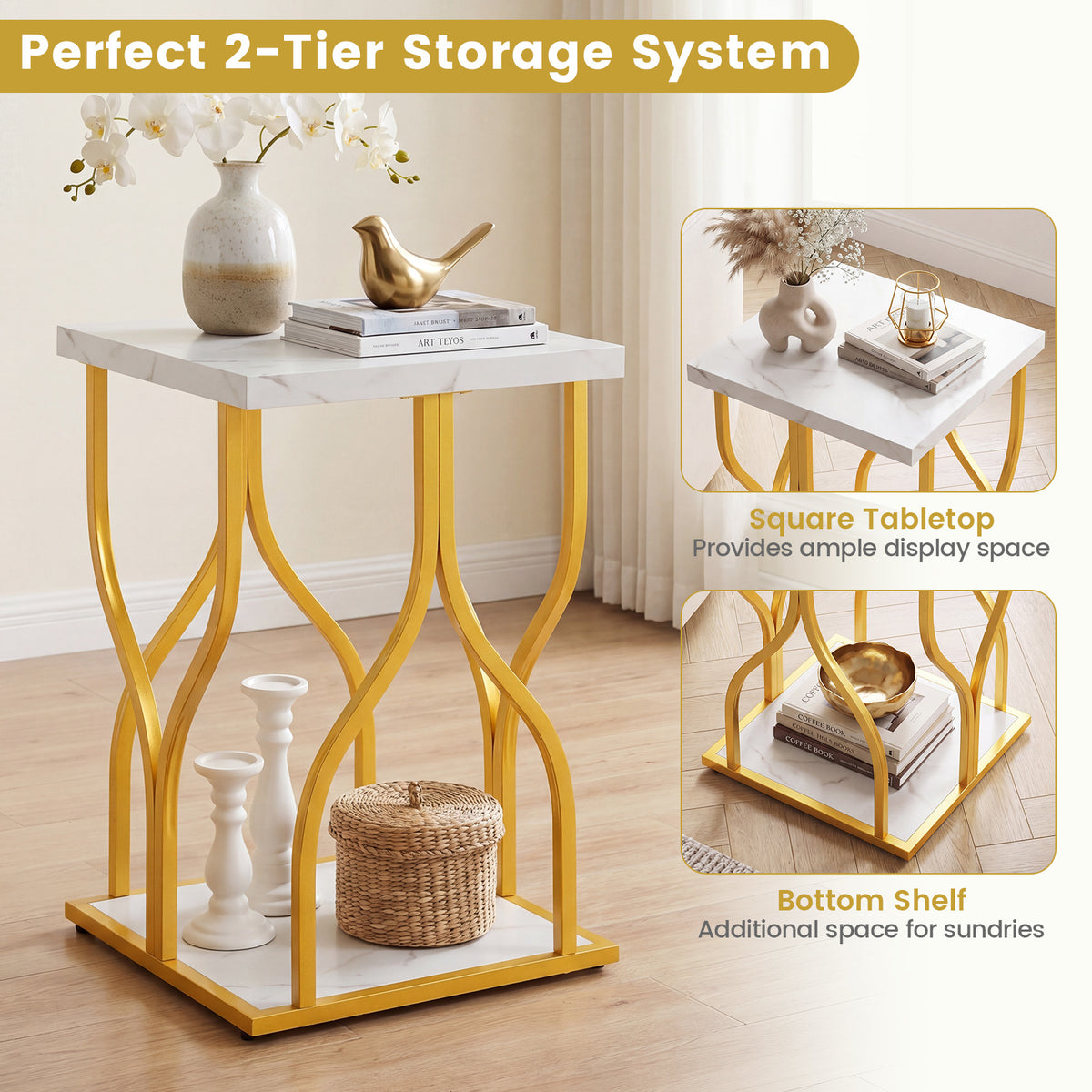 Set of 1 Faux Marble Nightstand with Storage Shelf for Bedroom Small Space-White
