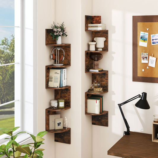 Two rustic brown five-tier corner shelves mounted on a wall in a room setting