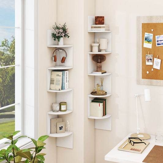 Two white 5-tier corner shelves in a room setting, one by a window and one in a corner