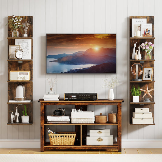 Two rustic brown 5-tier wall shelves flanking a television and media unit