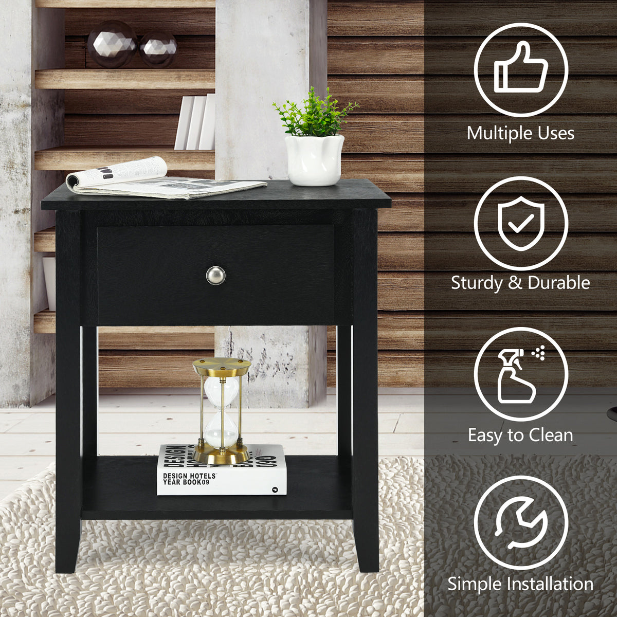 Set of 2 Accent Table Narrow Side End Table with 1 Drawer and Open Storage Shelf-Black