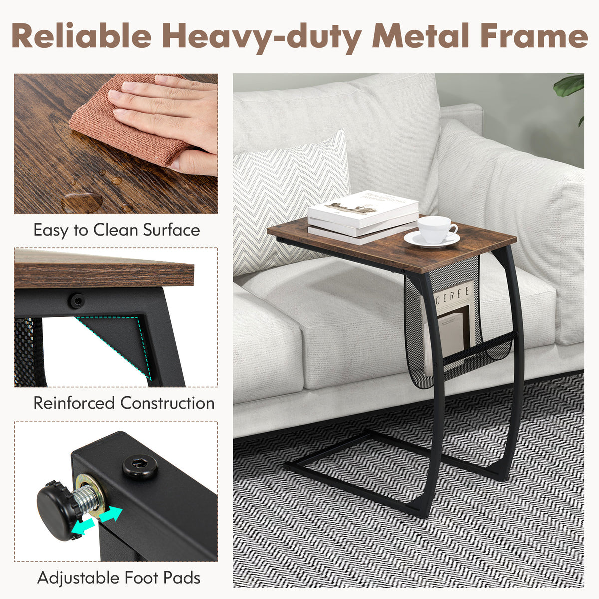 Set of 2 C-Shaped Compact Sofa Side Snack Table for Small Space-Brown