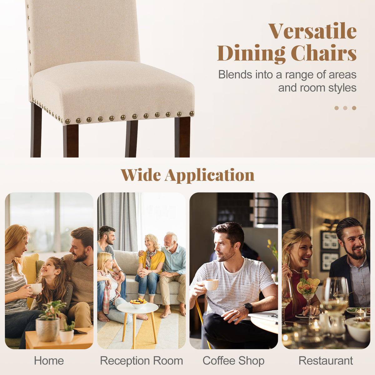 Set of 2 Dining Chairs with High Back, and Solid Rubber Wood Legs-Beige