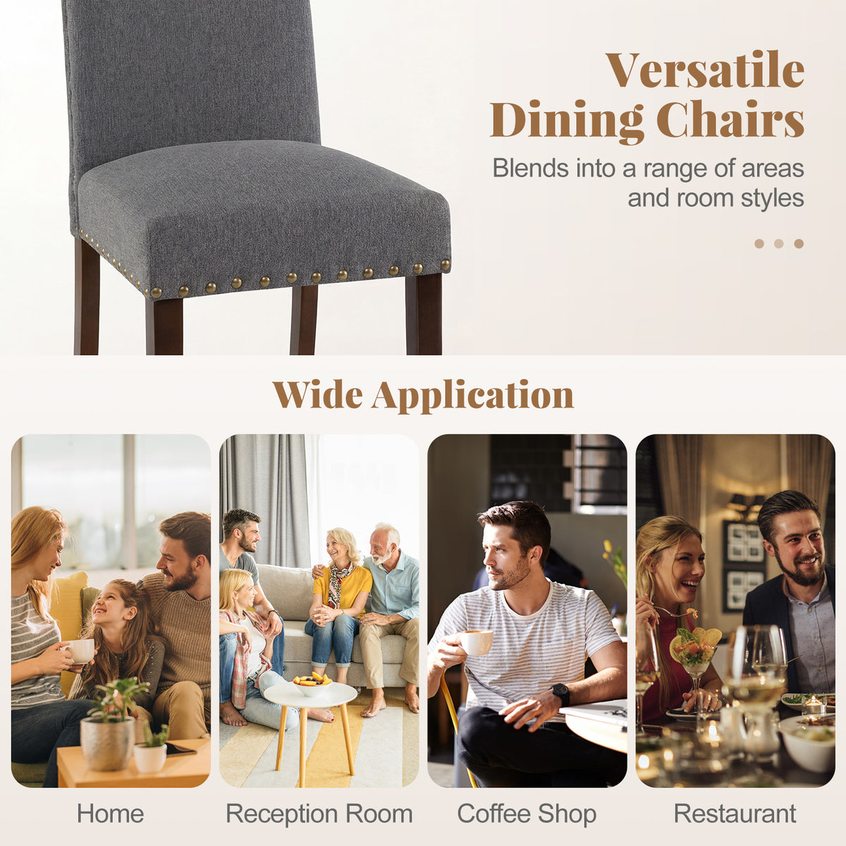 Set of 2 Dining Chairs with High Back, and Solid Rubber Wood Legs-Grey