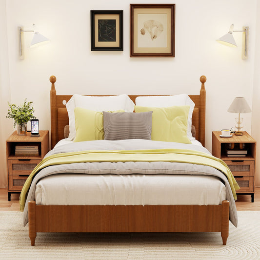 Set of 2 Narrow End Table with Charging Station Rattan Nightstand with 2 Drawers-Natural