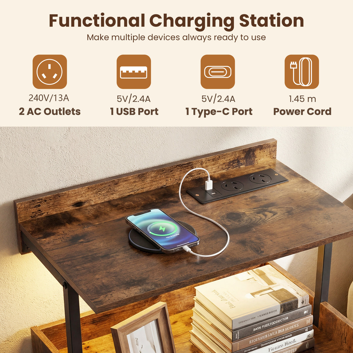 Set of 2 Nightstand Bedside Table with Charging Station-Rustic Brown