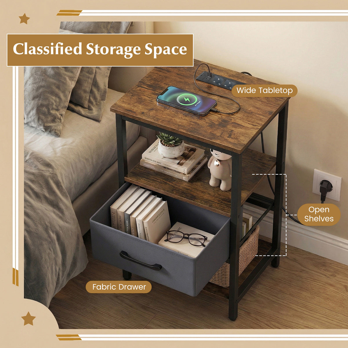 Set of 2 Nightstand Bedside Table with Charging Station and Drawer-Rustic Brown