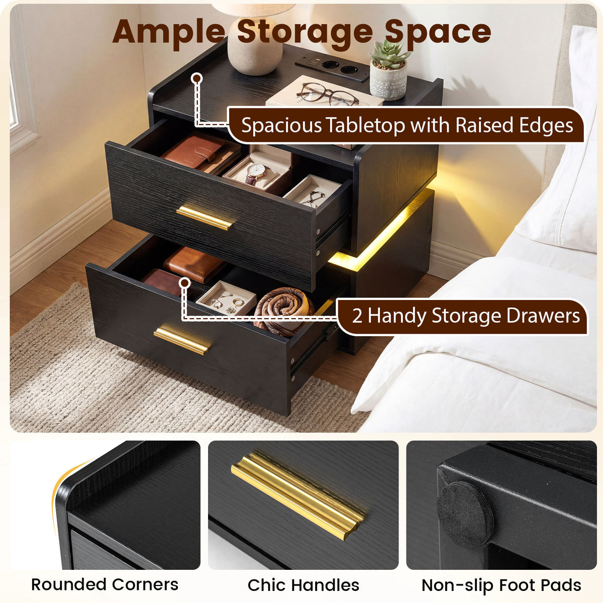 Set of 2 Nightstand with Charging Station and 2 Storage Drawers-Black