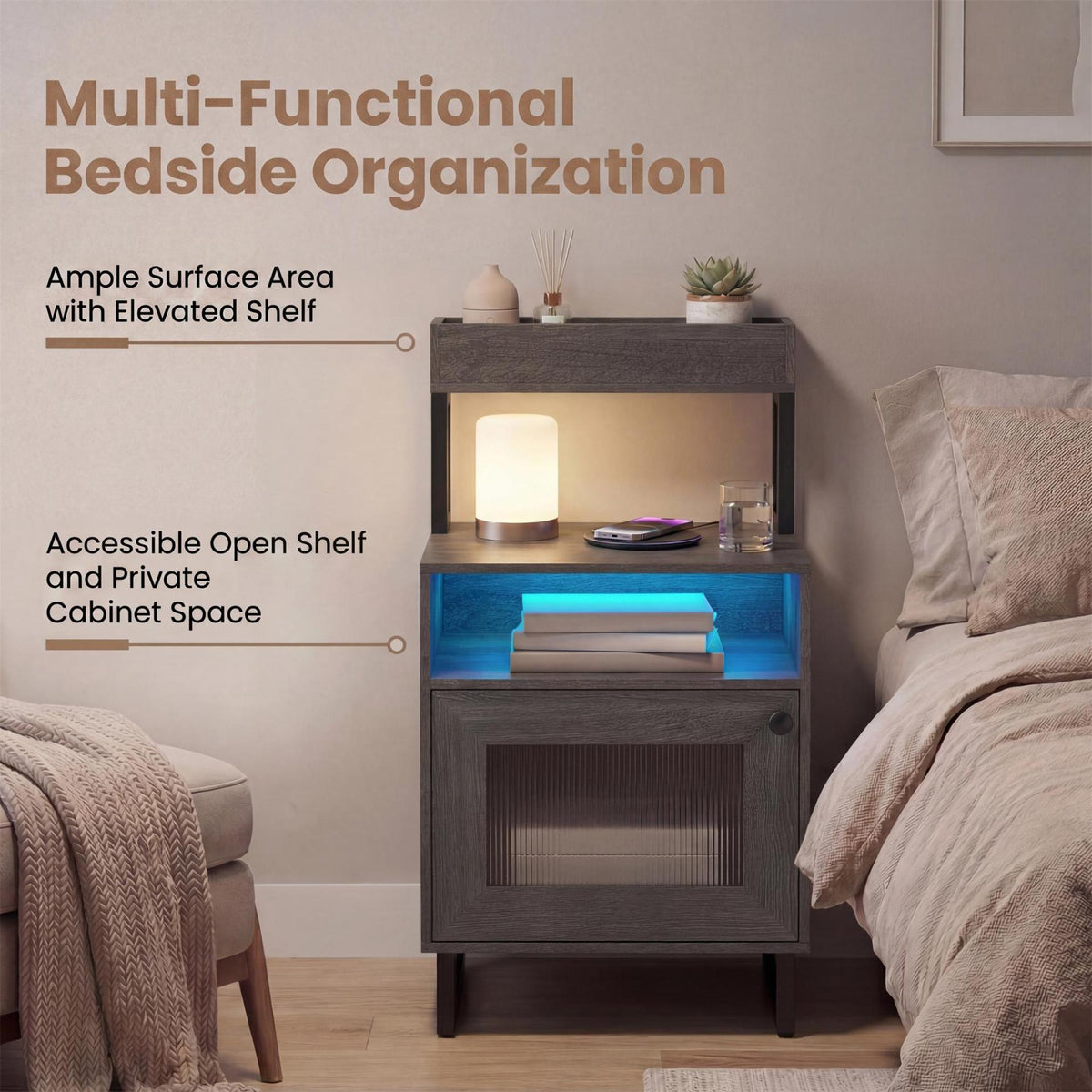 Set of 2 Nightstand with LED Lights Modern End Table with Top Tray-Gray