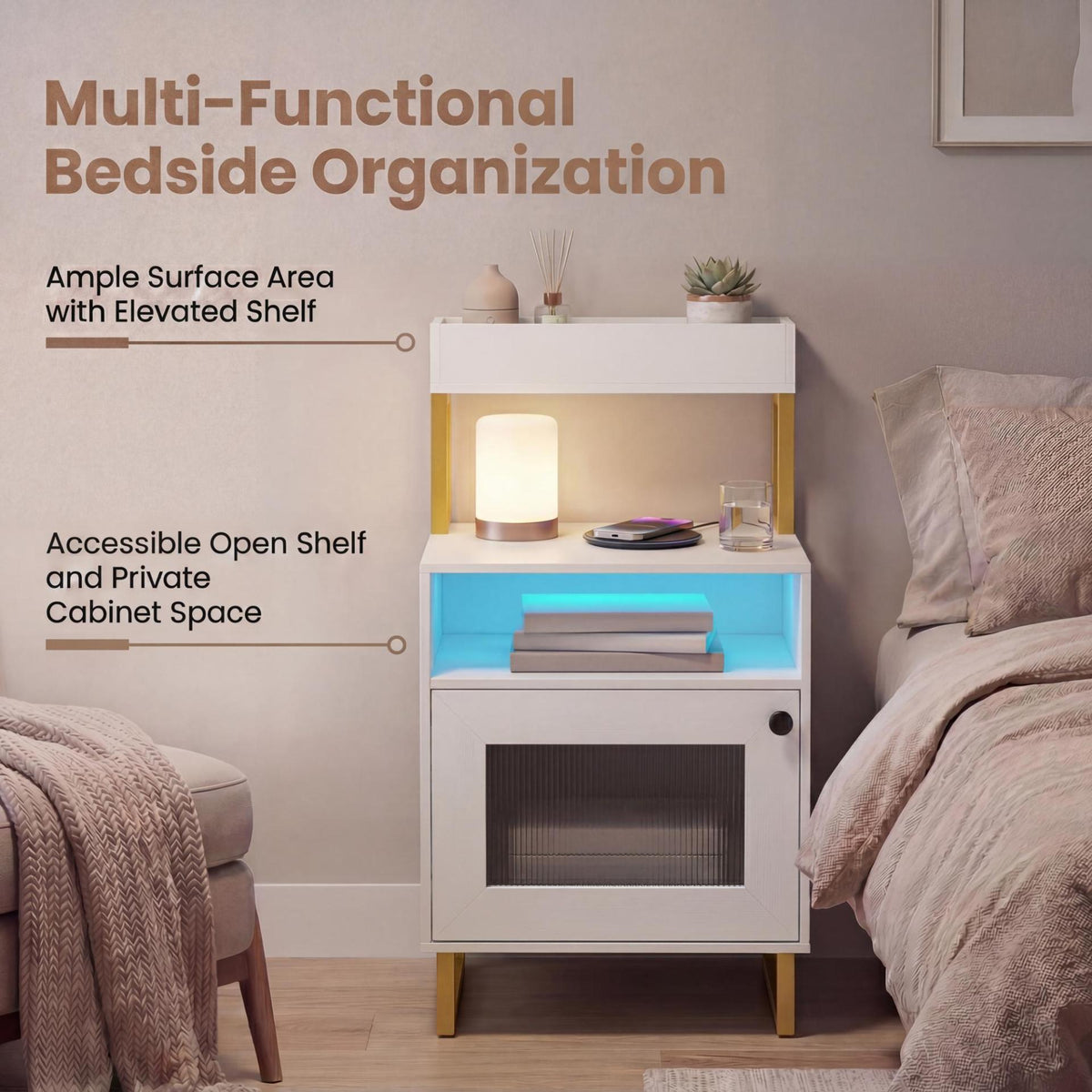 Set of 2 Nightstand with LED Lights Modern End Table with Top Tray-White