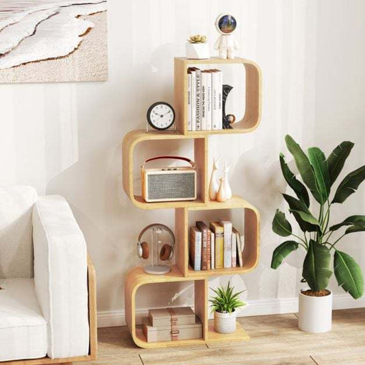 S-shaped bamboo bookcase with open cubes, shown in a living room setting
