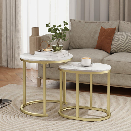 HOMCOM Nest of Tables with Steel Frame and Faux Marble Tabletop, Modern Coffee Table Set of 2, Gold Tone/White