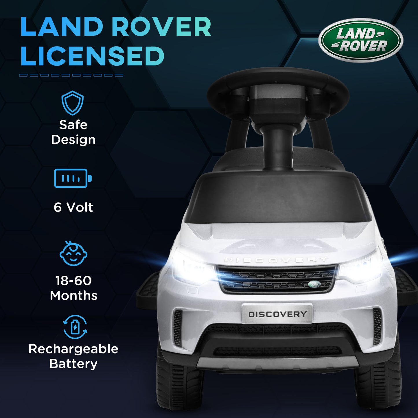 سيارة كهربائية للأطفال 2 في 1 من AIYAPLAY مرخصة من Land Rover بقوة 6 فولت، سيارة منزلقة مع مصابيح أمامية وموسيقى، للأطفال من سن 18 إلى 60 شهرًا، لون أبيض