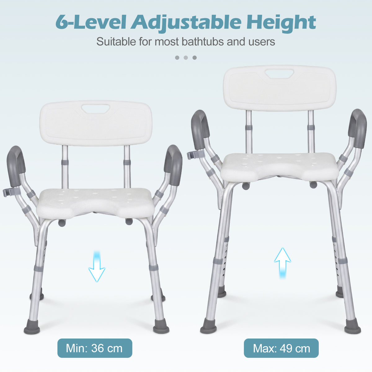 Shower Chair Height Adjustable with Backrest and Padded Armrests-Silver