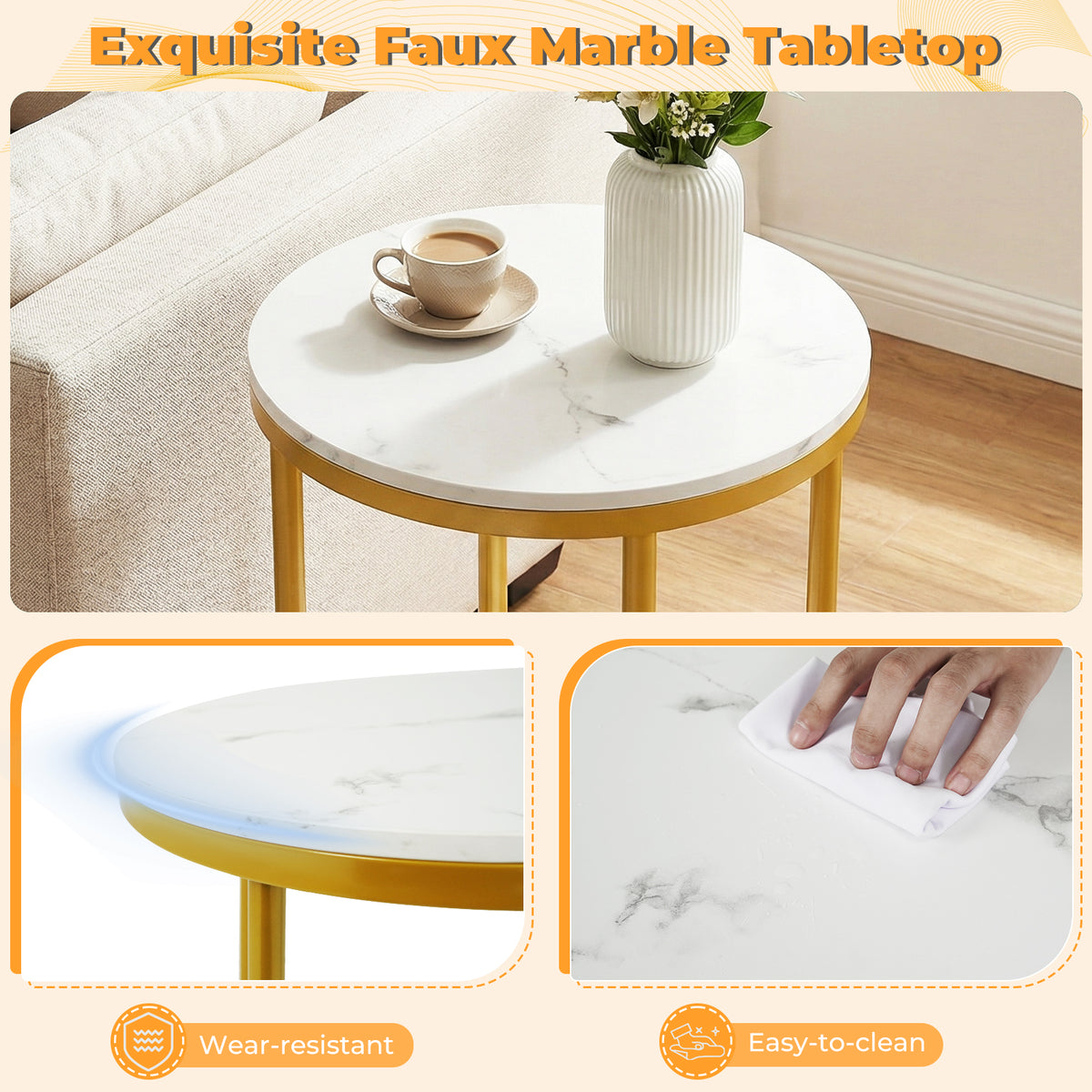 Side Table Modern Round End Table with Faux Marble Top and Bottom Storage Shelf-White