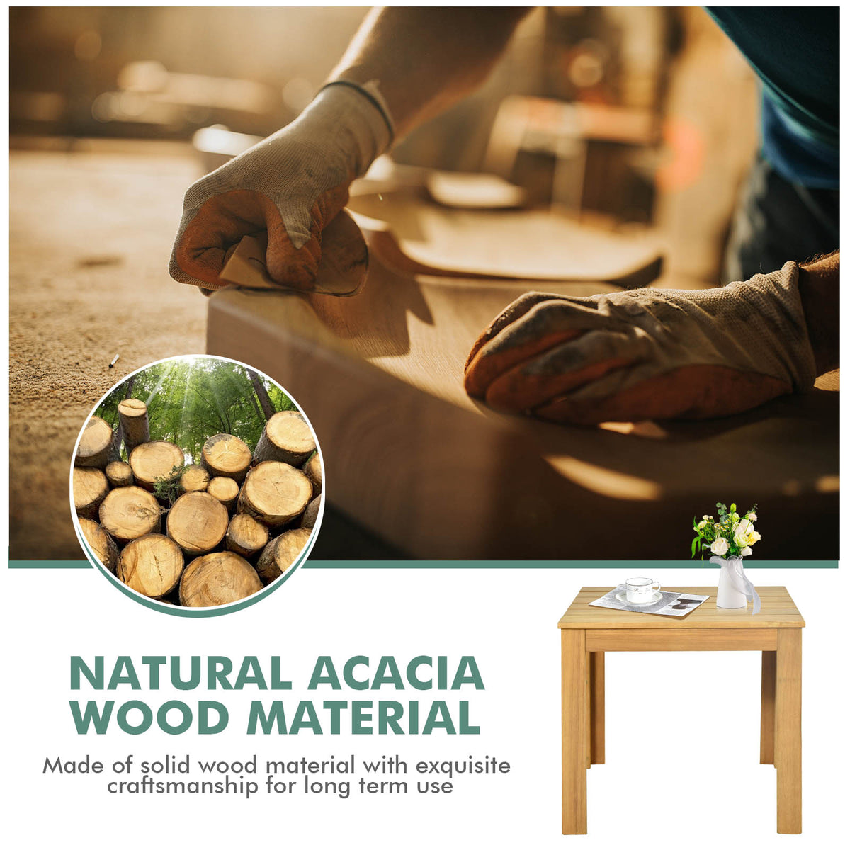 Outdoor Acacia Wood Side Table with Oil Finished for Patio Backyard Garden Poolside Balcony-Natural