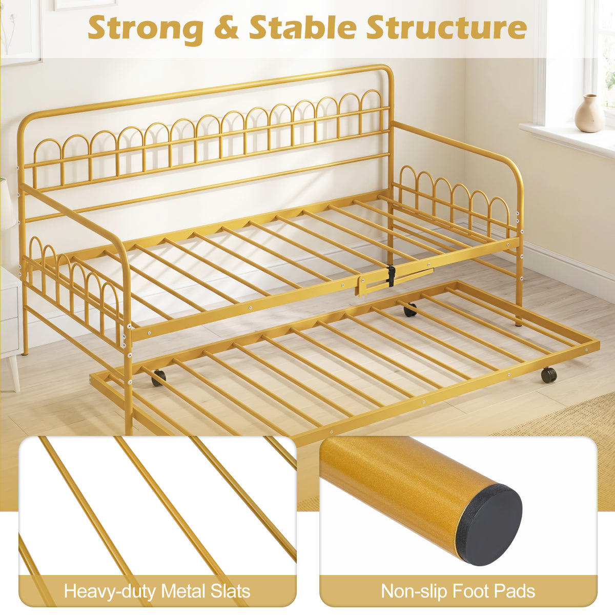 Single Daybed with Trundle and Curved Backrest and Armrests No Box Spring Needed-Gold