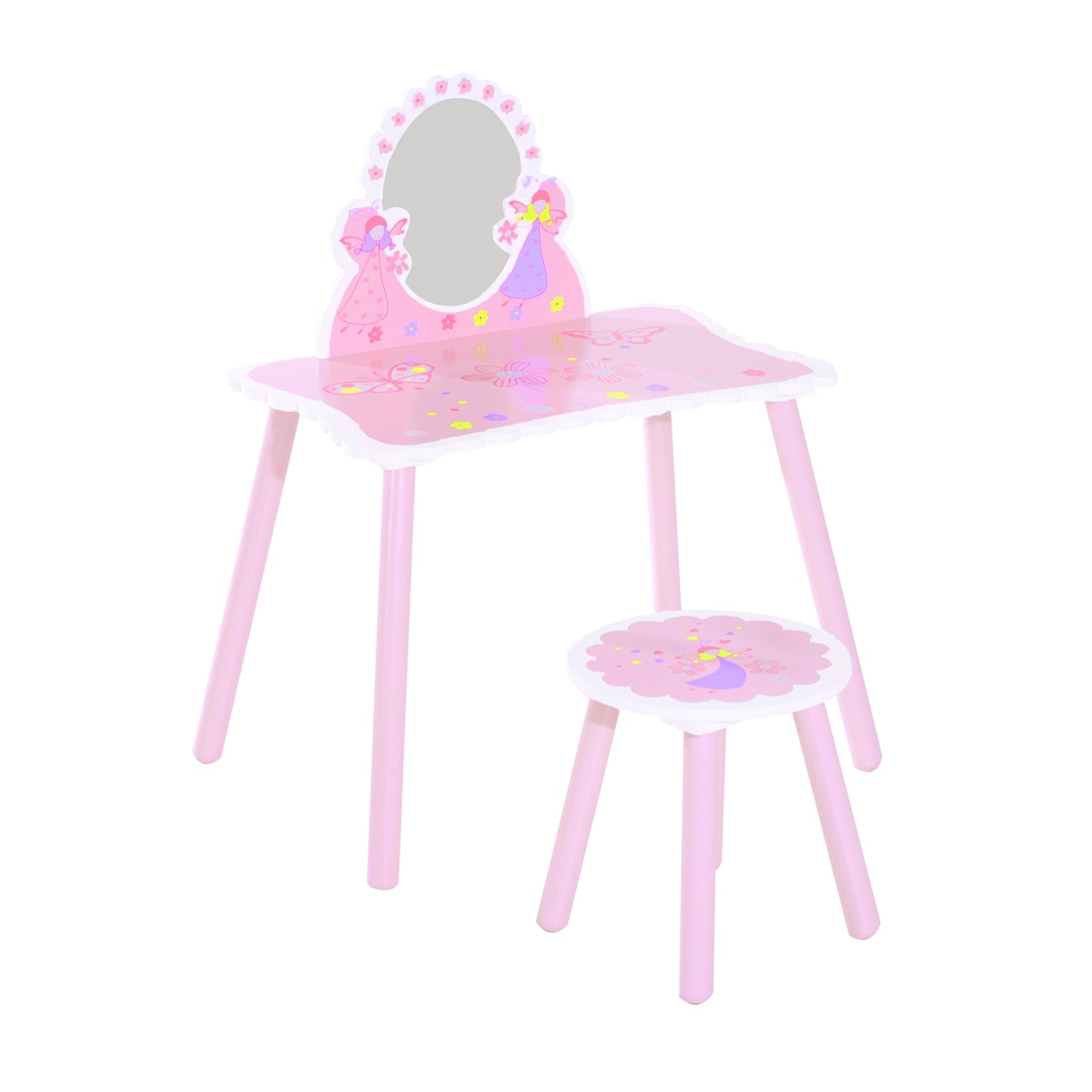 HOMCOM Kids Dressing Table Girls Pink Wooden Kids Dressing Table & Stool Make Up Desk Chair Toys Fairy Dresser Play Set w/Mirror
