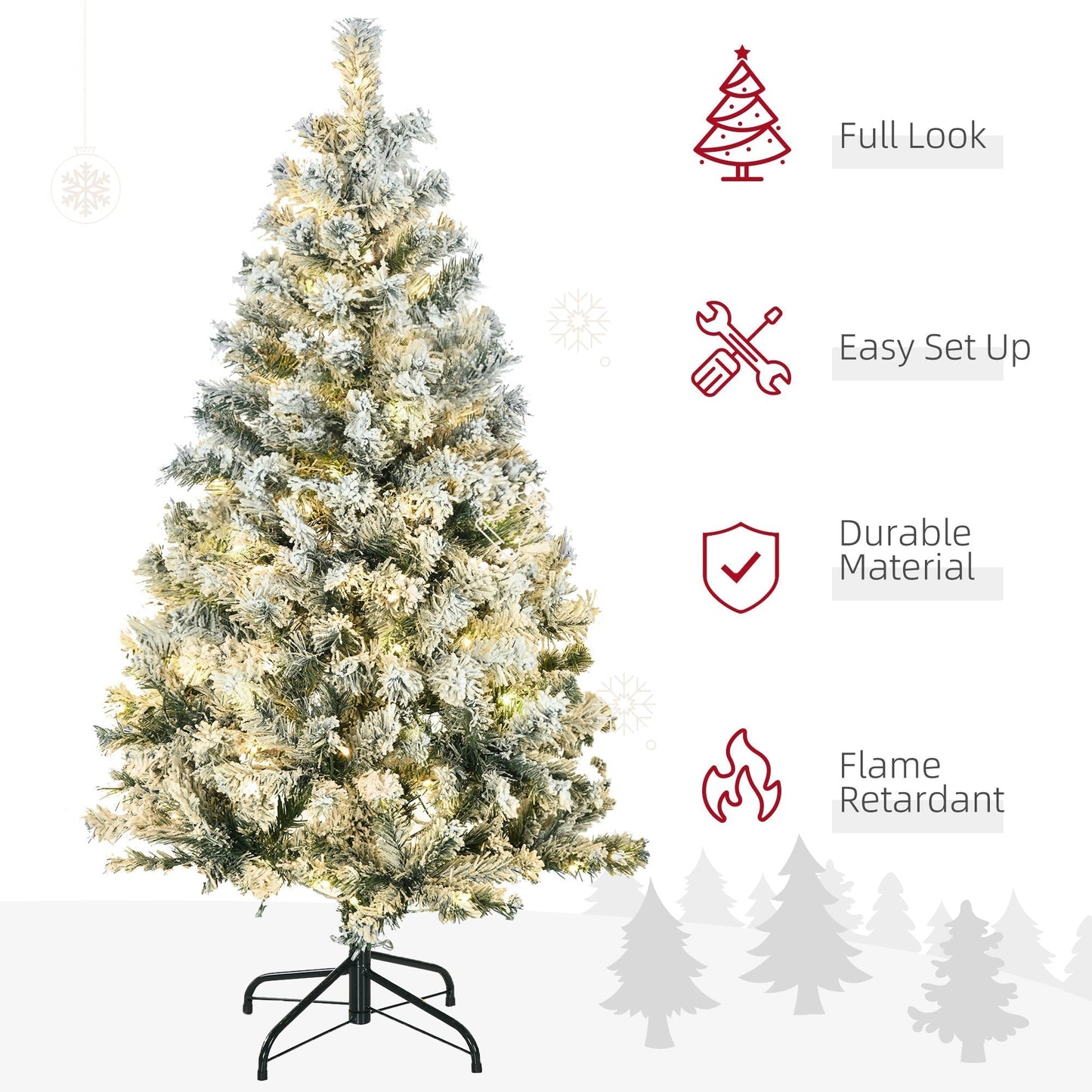 شجرة كريسماس اصطناعية بطول 4.5 قدم من هومكوم مع فروع مثلجة، أضواء LED بيضاء دافئة أو ملونة، وقاعدة فولاذية