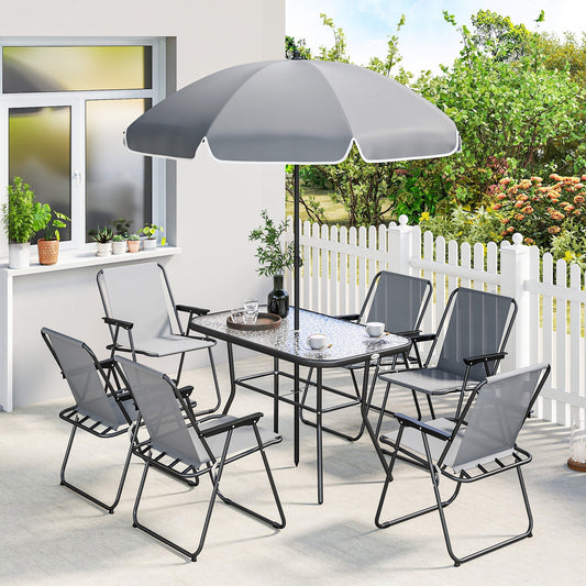 طقم طعام حديقة 8 قطع من Outsunny مع مظلة، طقم أثاث حديقة مع 6 كراسي قابلة للطي، طاولة زجاج مقوى للفناء رمادي