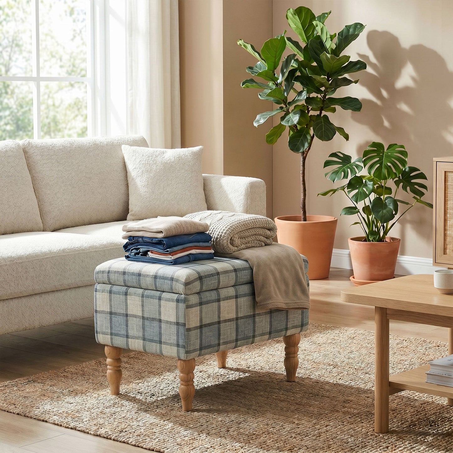 HOMCOM Linen Fabric Upholstered Footstool, Rectangular Storage Stool with Removable Top, Padded Seat and Hidden Space, Grey