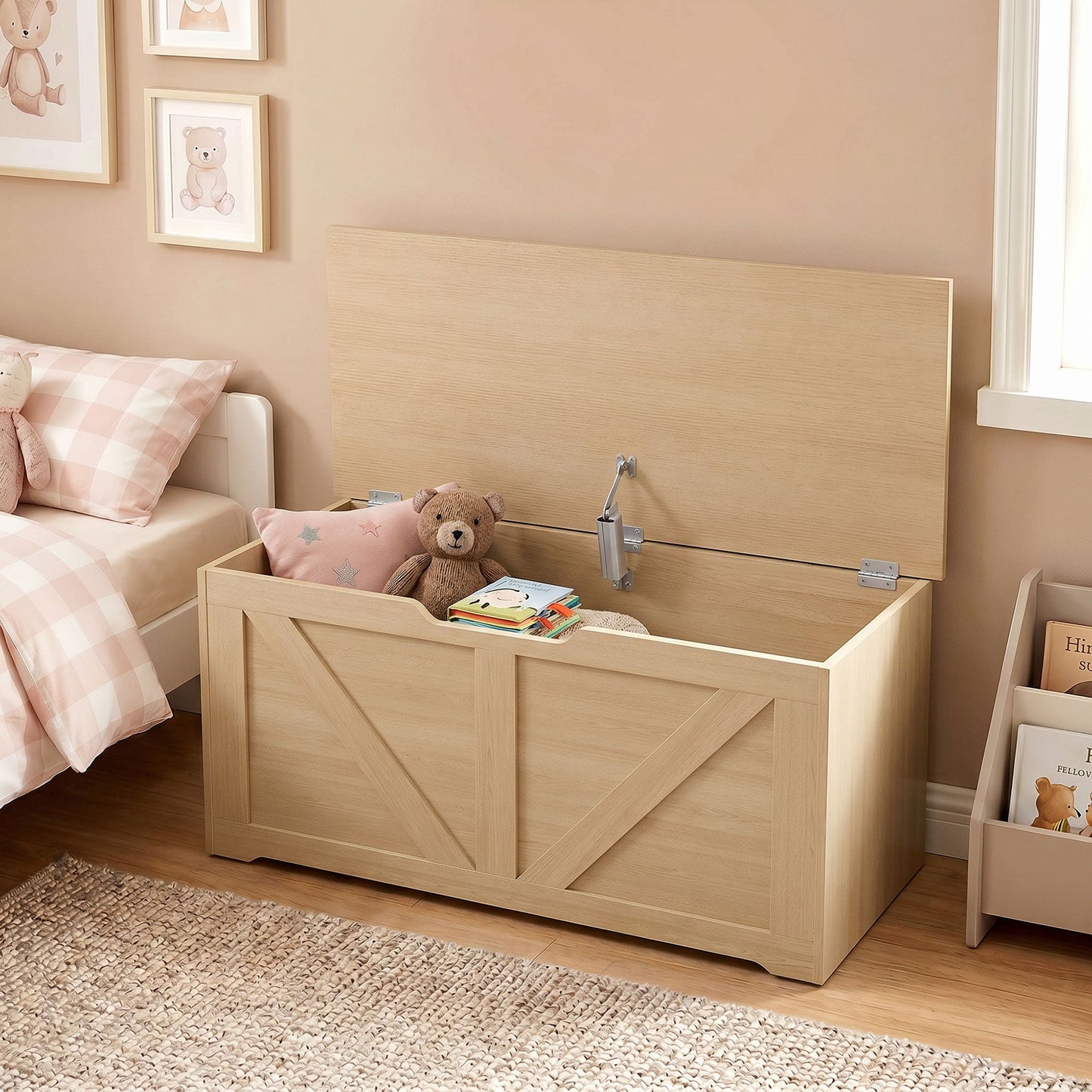 HOMCOM 100L Home Storage Box, with Safety Hinge - Nature Wood Finish
