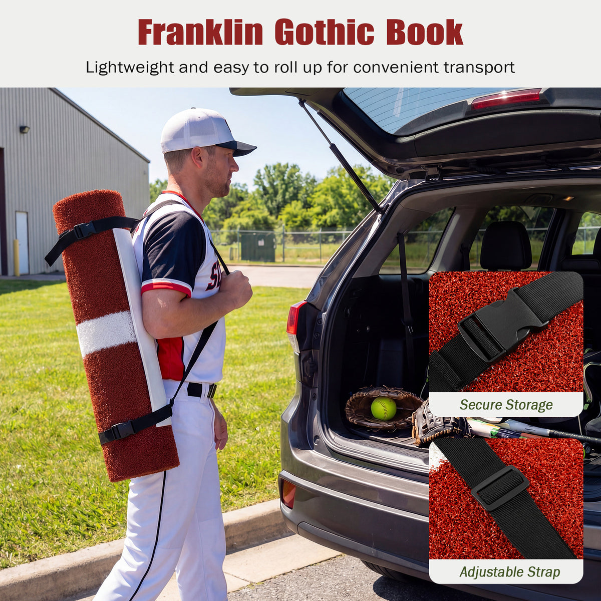 Man carrying the rolled up softball training aid to a car boot