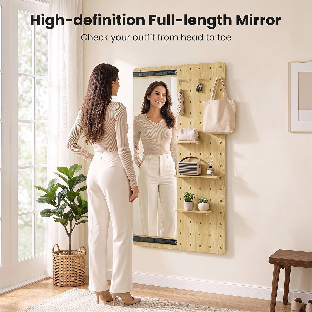 Solid Wood Wall Mounted Mirror and Pegboard Storage Organizer-Natural