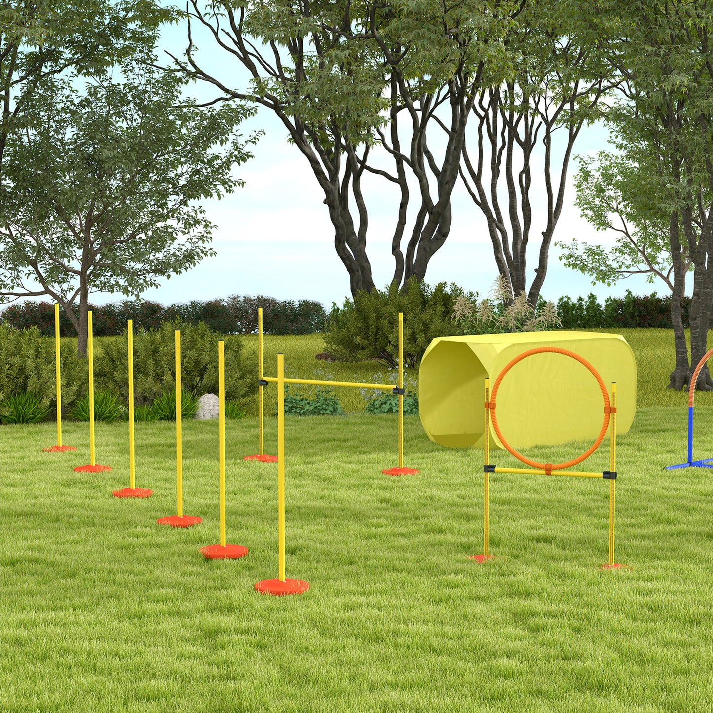 مجموعة حواجز تدريب الكلاب المحمولة من Pawhut Dog Agility Equipment مكونة من 5 قطع مع عمود قفز عالي قابل للتعديل وحلقة قفز وأعمدة منسوجة ونفق