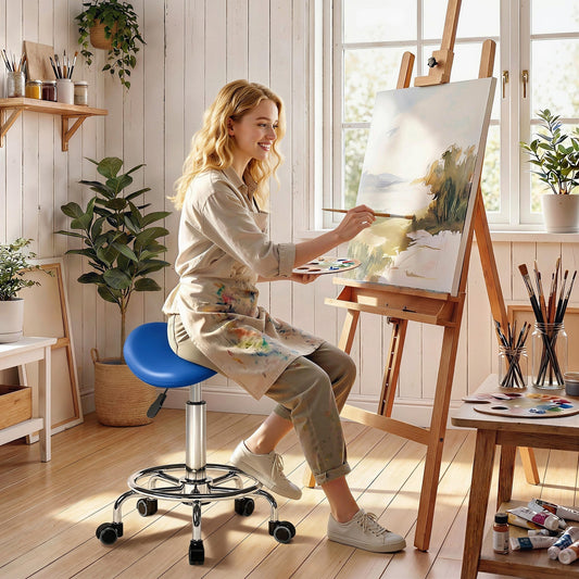 HOMCOM Salon Saddle Stool, Rolling Saddle Chair for Massage, Spa, Clinic, Beauty, Hairdressing and Tattoo, Blue