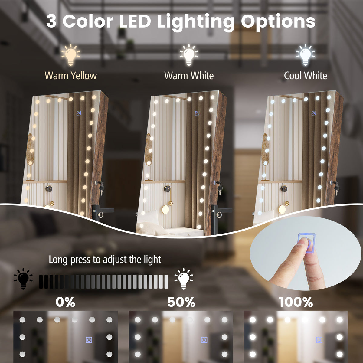 Lockable Jewelry Armoire Organizer with 3-Color Dimmable LED Full-Length Mirror-Brown