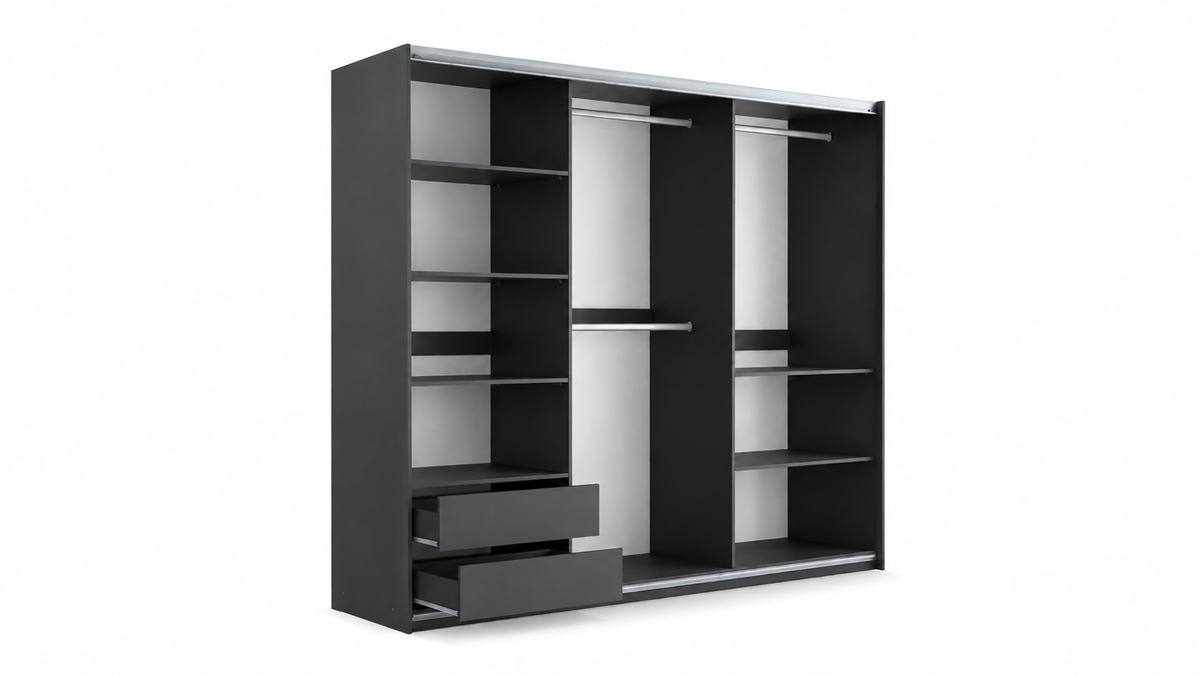 Evora Mirrored Sliding Door Wardrobe 250cm in Black Matt and Cashmere and Oak Wotan