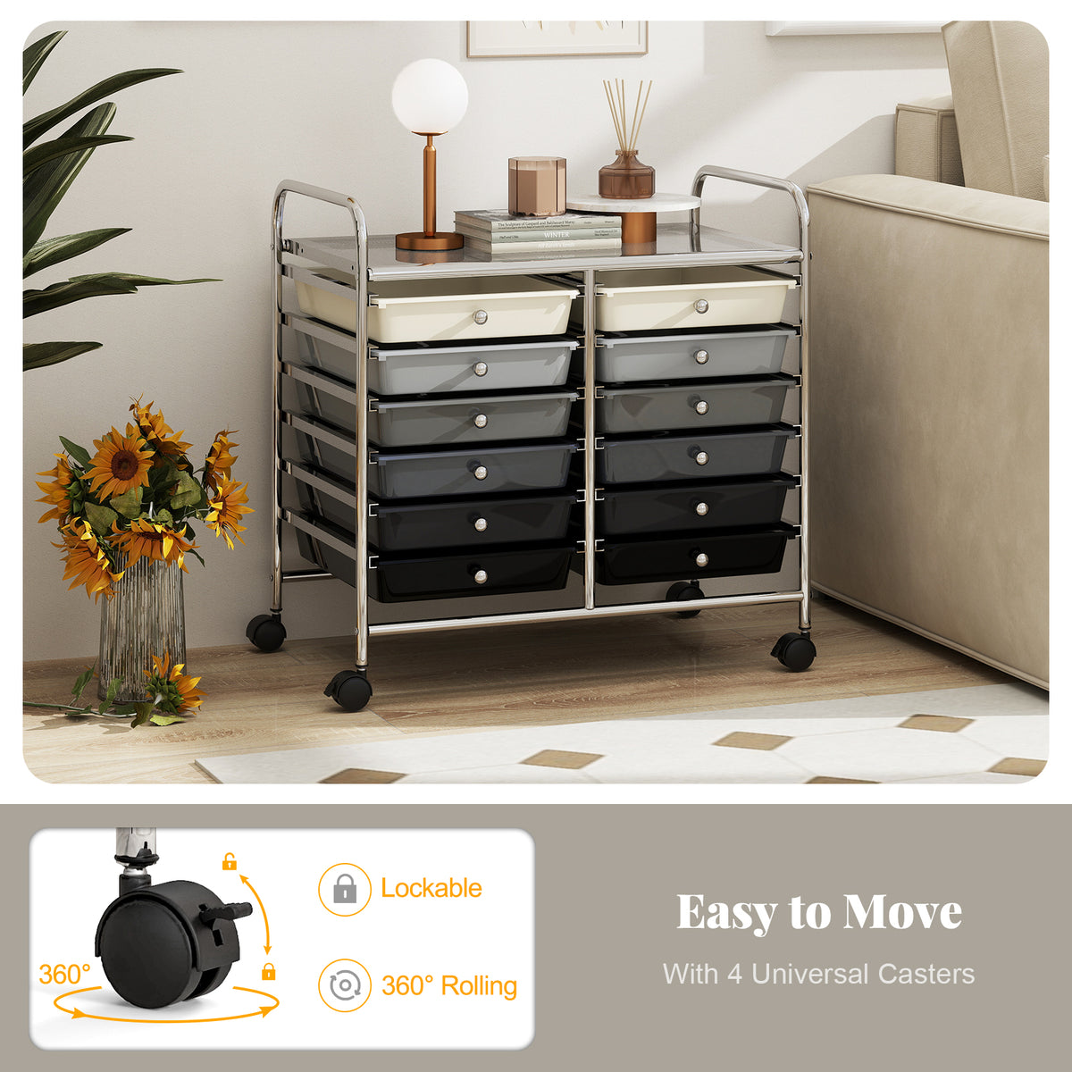 Storage Rolling Cart with Drawer and Large Countertop Side Handles-Gradient Black
