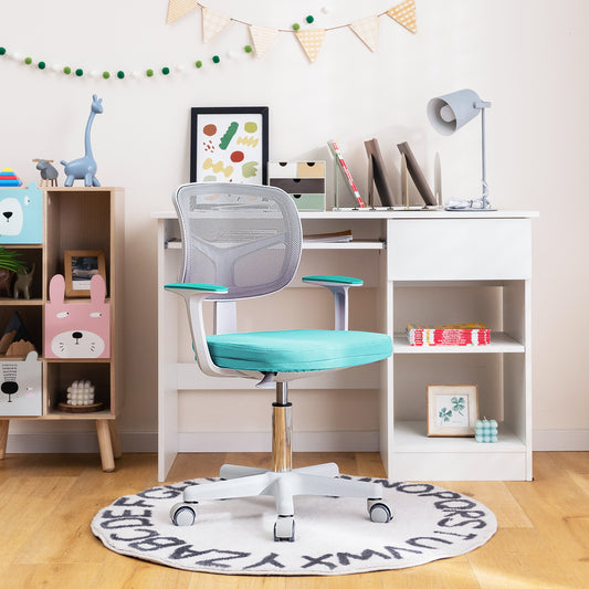 The kids desk chair placed in a bright bedroom next to a white wooden desk