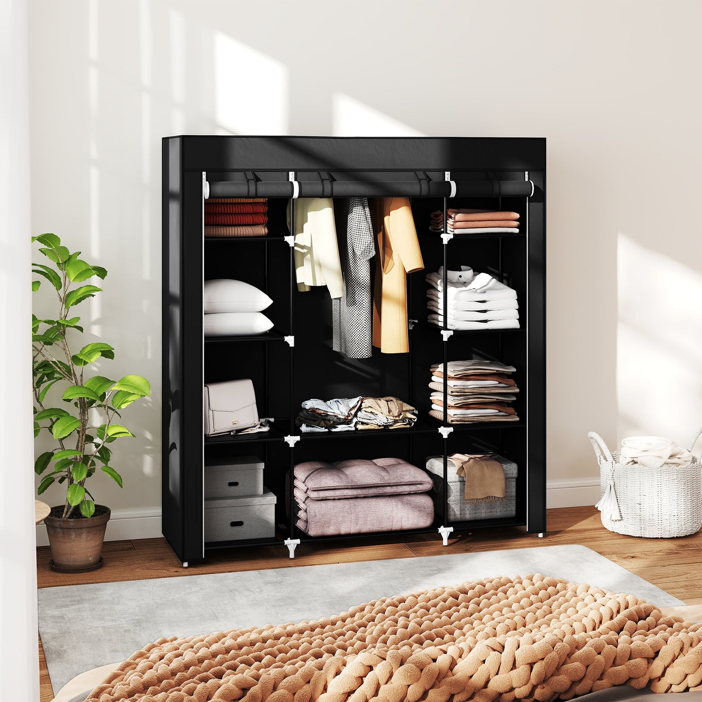 HOMCOM Portable Wardrobe, Foldable Fabric Wardrobe, 150 x 43 x 162.5cm, Clothes Storage Organiser with Hanging Rail, Shelves, Fabric Cover for Bedroom, Black