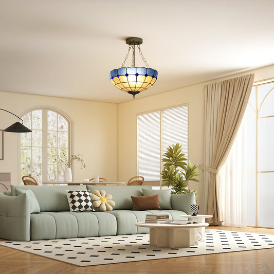 HOMCOM Tiffany Style Ceiling Light, Vintage Chandelier with 3 E27 Sockets, Semi Flush Mount for Living Room, Bulbs Not Included