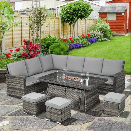 طقم أريكة من الراتان Outsunny Seven-Piece Firepit Table - رمادي