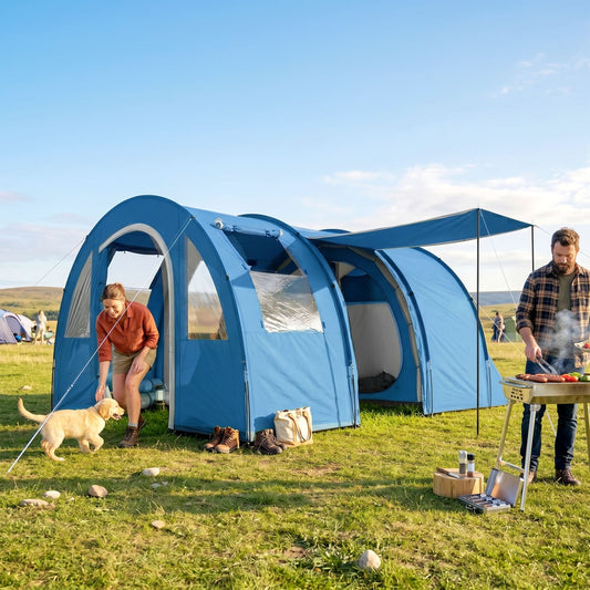 Outsunny 4 Man Camping Tent with 2 Room in Blue