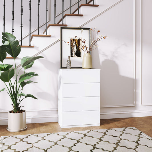 The modern chest of drawers placed in a hallway next to a potted plant and a rug